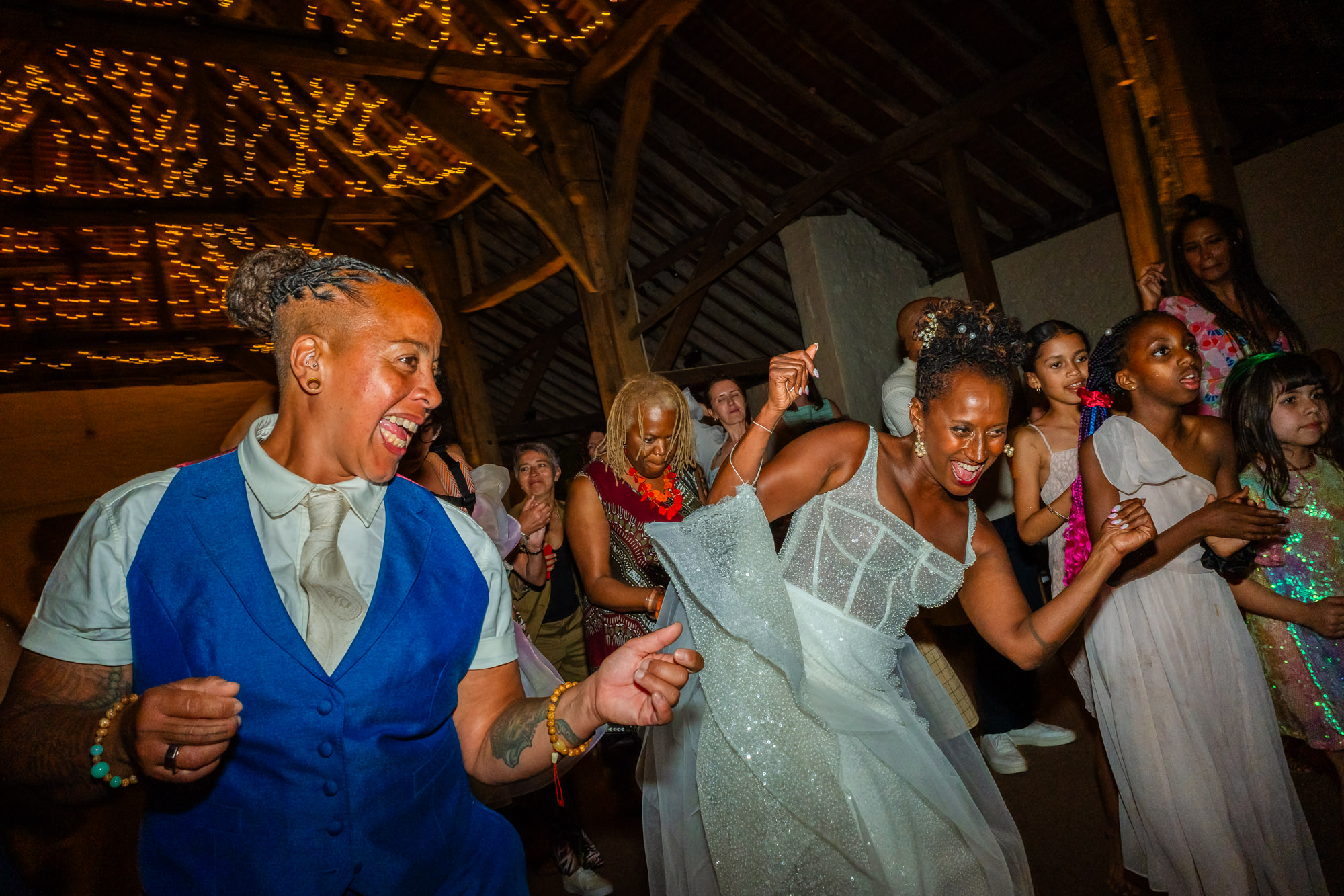 Dancefloor fun in the barn at Pangdean