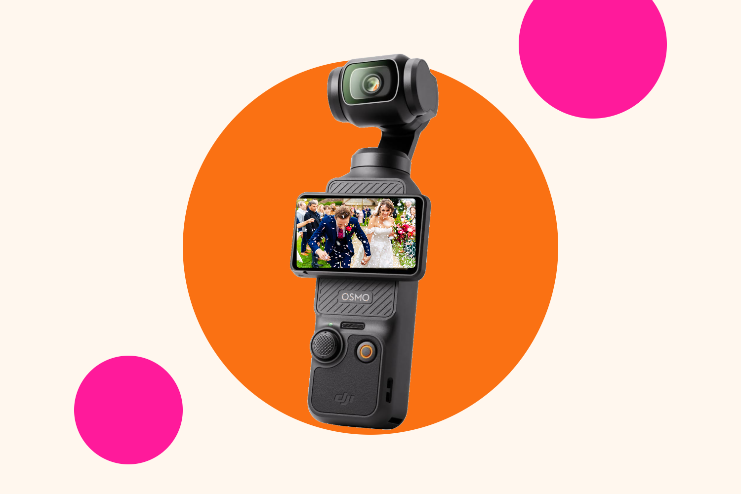 Tiny handheld 4K camera showing a confetti wedding photo