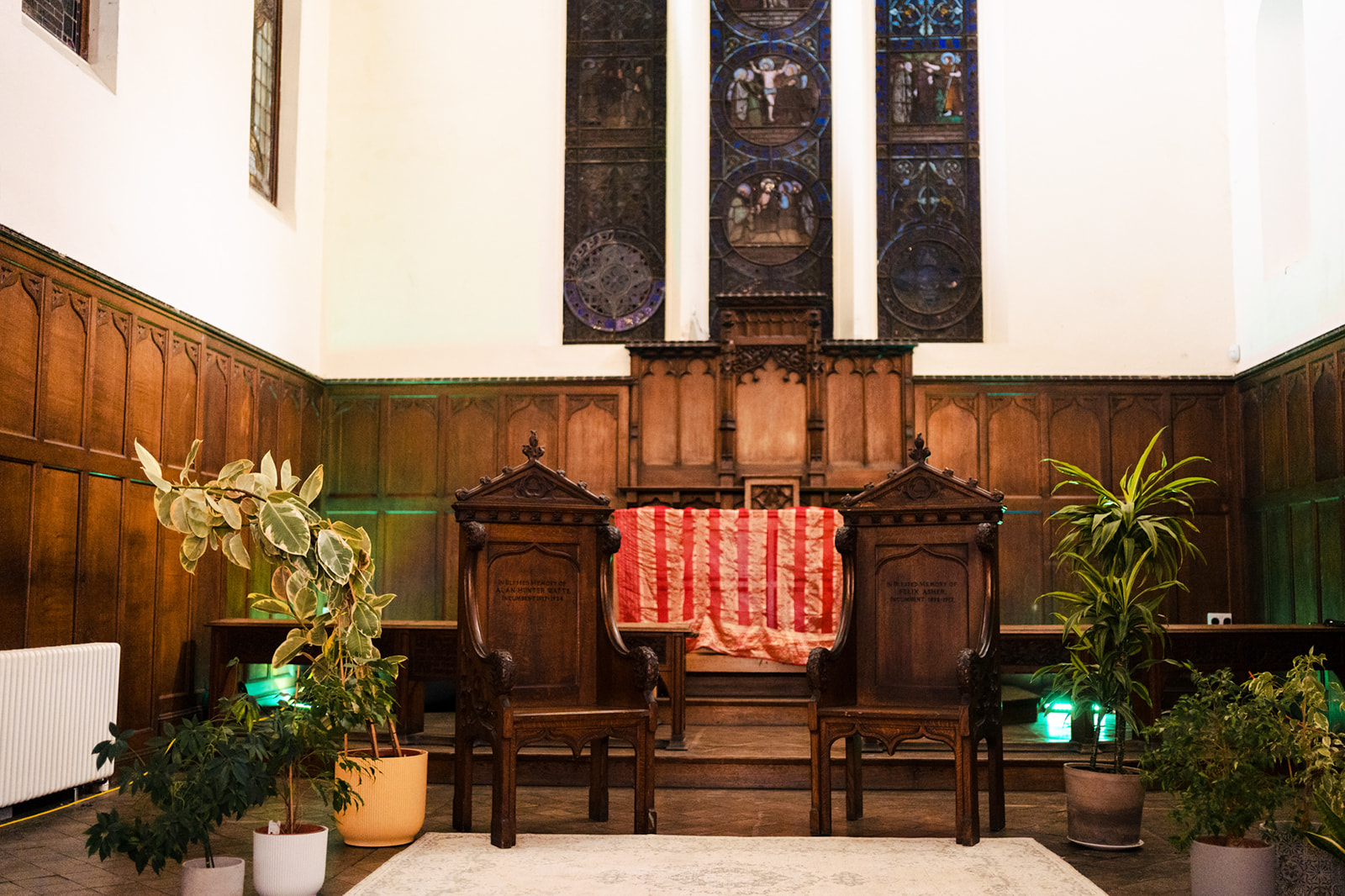 Wood panelled room at Fabrica set for the wedding