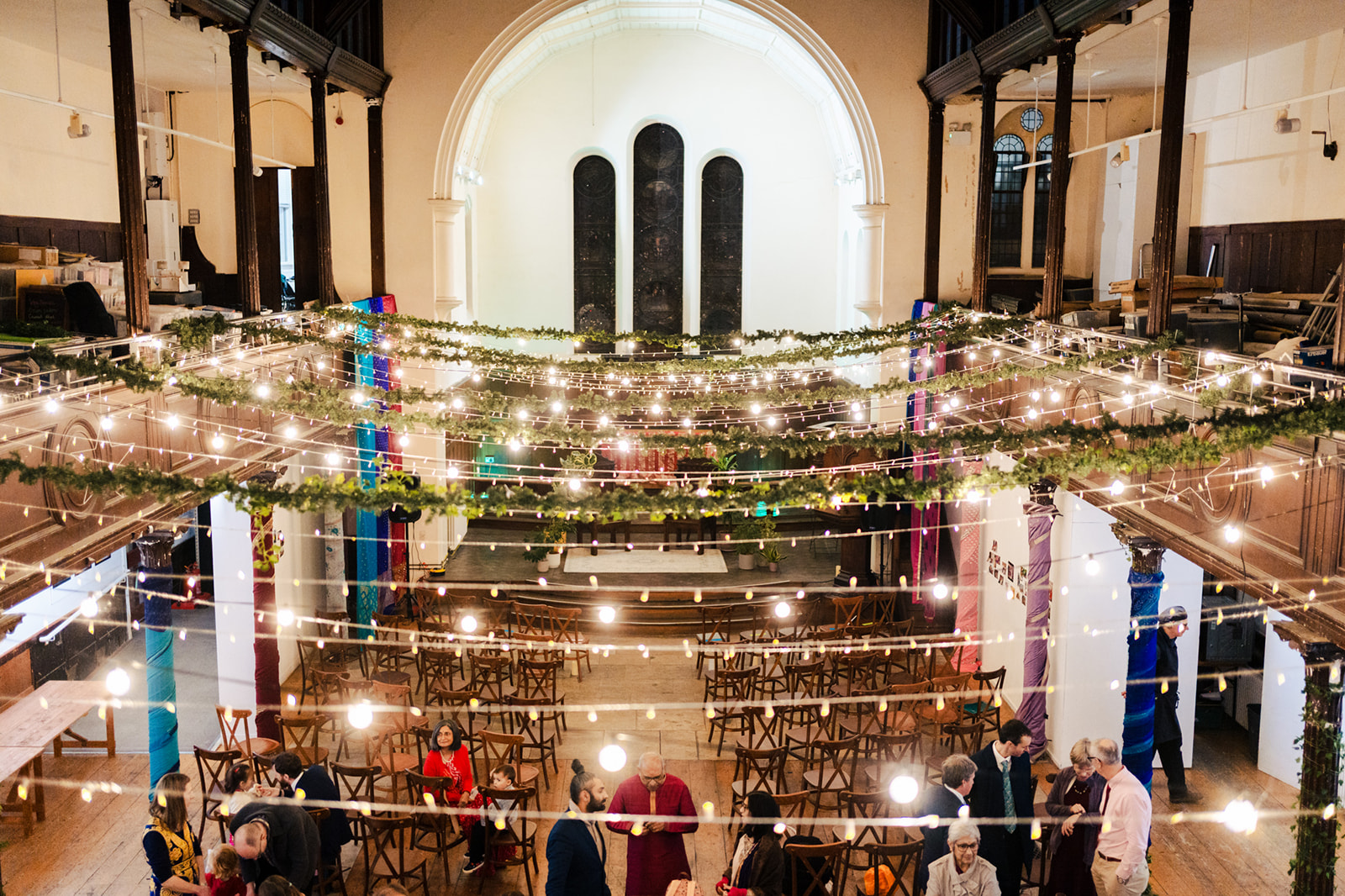Fairy lights over the hall at Fabrica