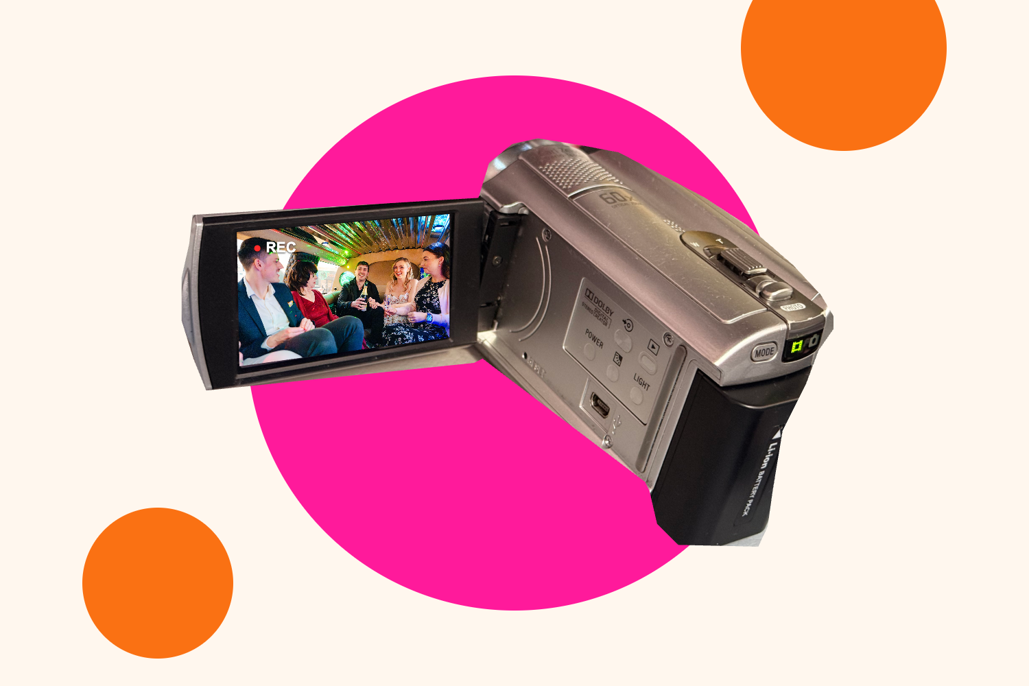 Retro camcorder showing a wedding party in a limo